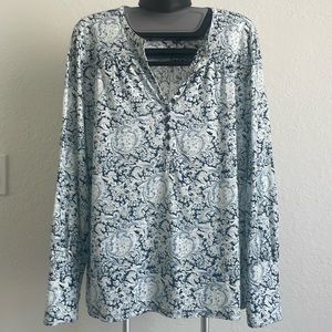 Flowy blue & white long sleeved blouse Lucky Brand Womens XL cotton & modal